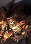  1boy absurdres bracelet brown_hair chanasykine cloak dark-skinned_male dark_skin earrings fire headband highres jewelry jojo_no_kimyou_na_bouken magician&#039;s_red mohammed_avdol necklace solo stand_(jojo) stardust_crusaders 