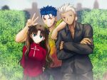  1girl 2boys archer_(fate) arm_over_shoulder arms_behind_back bangs black_bow black_pants black_shirt blue_eyes blue_hair blurry blurry_background bow brown_eyes brown_hair closed_mouth collared_shirt crossed_arms cu_chulainn_(fate) cu_chulainn_(fate/stay_night) dark-skinned_male dark_skin day dress_shirt earrings eyebrows_visible_through_hair fate/hollow_ataraxia fate/stay_night fate_(series) frown grey_skirt grin hair_between_eyes hair_bow jewelry long_hair looking_at_viewer migiha multiple_boys outdoors pants pleated_skirt red_eyes red_sweater shirt short_hair silver_hair skirt smile standing sweater tohsaka_rin twintails very_long_hair w wing_collar 