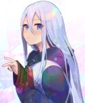  1girl bangs black_jacket blue_eyes blush closed_mouth commentary_request eyebrows_visible_through_hair hair_between_eyes hand_up highres jacket long_hair long_sleeves looking_at_viewer nou_(nounknown) project_sekai silver_hair sleeves_past_wrists solo upper_body v very_long_hair yoisaki_kanade 