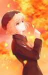  1girl 2021 absurdres autumn autumn_leaves bangs black_coat black_headwear blonde_hair brown_eyes closed_mouth coat dated eyebrows_visible_through_hair hair_between_eyes hat highres jiusi1019 long_sleeves meitantei_conan miyano_shiho shiny shiny_hair short_hair signature smile solo standing 