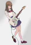  1girl bow bowtie brown_hair cable collared_shirt electric_guitar fender_stratocaster glasses guitar highres instrument leg_up loafers long_hair looking_down music original peco_(pockleberry) pink_eyes playing_instrument pleated_skirt school_uniform shirt shoes skirt smile socks solo 