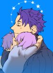  1girl 2boys armor baby child closed_eyes fate/grand_order fate_(series) father_and_daughter father_and_son gawain_(fate) highres jonya lancelot_(fate/grand_order) mash_kyrielight multiple_boys purple_hair shirt sleeping smile t-shirt younger 