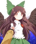  1girl arm_cannon bow breasts brown_hair cape cowboy_shot feathered_wings green_bow green_skirt hair_bow light_blush long_hair looking_at_viewer red_eyes reiuji_utsuho sasaki_sakiko shirt simple_background skirt small_breasts smile solo sparkle star_(symbol) star_print touhou v-shaped_eyebrows very_long_hair weapon white_background white_cape white_shirt wings 
