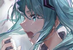  1girl bangs blue_eyes blue_hair hatsune_miku highres karasuro microphone music neck open_mouth singing sweat twintails upper_body vocaloid 