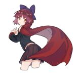  1girl bad_hands bangs black_shirt bow brown_skirt cape closed_mouth cropped_legs hair_bow highres long_sleeves looking_at_viewer looking_to_the_side red_cape red_eyes redhead sekibanki shayuheisi shirt short_hair simple_background skirt solo touhou white_background 