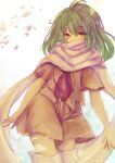  1girl dark-skinned_female dark_skin emerada_(xenogears) green_hair highres long_hair looking_at_viewer midriff navel scarf shiho_mn02 simple_background skirt smile solo thigh-highs torn_clothes xenogears yellow_eyes 
