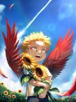  blonde_hair blue_sky boku_no_hero_academia bupopopopopo check_translation child clouds feathered_wings field fisheye flower flower_field happy hawks_(boku_no_hero_academia) highres holding holding_flower light_rays open_mouth red_feathers sky smile sunbeam sunflower sunlight teeth translation_request wings yellow_eyes 