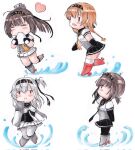  4girls akizuki_(kancolle) bangs black_bodysuit black_hair black_sailor_collar blush bodysuit braid breasts chibi closed_eyes clothes_writing eating food gloves hachimaki hatsuzuki_(kancolle) headband heart highres holding holding_food kantai_collection light_brown_hair long_hair multiple_girls neckerchief onigiri open_mouth parted_lips pleated_skirt poipoi_purin ponytail sailor_collar school_uniform serafuku silver_hair simple_background skirt suzutsuki_(kancolle) teruzuki_(kancolle) twin_braids water white_bodysuit white_neckerchief white_skirt yellow_neckerchief 