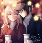  1boy 1girl ahoge akamatsu_kaede alternate_costume bangs black_jacket blurry blurry_background blurry_foreground blush brown_eyes brown_headwear cheer_(cheerkitty14) couple cup danganronpa_(series) danganronpa_v3:_killing_harmony disposable_cup grin hair_ornament hetero highres holding holding_cup jacket long_hair merry_christmas open_clothes open_jacket pink_eyes red_sweater saihara_shuuichi smile star_(symbol) sweater teeth upper_body 