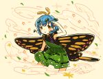  1girl antennae aqua_hair blush_stickers brown_eyes butterfly_wings cropped_legs dated dress eternity_larva eyebrows_visible_through_hair fairy green_dress hair_between_eyes highres leaf leaf_on_head mayuno_kiito multicolored_clothes multicolored_dress open_mouth short_hair short_sleeves signature single_strap solo touhou wings 