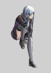  1girl absurdres arm_behind_head bangs black_footwear black_legwear black_skirt blue_hair closed_mouth expressionless eyebrows_visible_through_hair full_body girls_frontline gloves green_eyes grey_background hair_ornament hairclip highres hk416_(girls&#039;_frontline) jacket long_hair looking_away shoes sitting skirt solo tactical_clothes thigh-highs wh1te white_gloves 