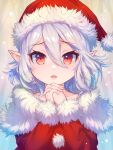  1girl breasts elf fur-trimmed_sleeves fur_trim hair_between_eyes hat highres kokkoro_(princess_connect!) long_sleeves looking_at_viewer merry_christmas open_mouth own_hands_together pointy_ears portrait princess_connect! red_eyes santa_costume santa_hat small_breasts solo white_hair yako_noir_(kei-ne) 