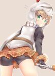  1girl armor aru_(arudes) ass bike_shorts blush cecile_(suikoden) closed_mouth gensou_suikoden gensou_suikoden_iii gloves green_eyes helmet looking_at_viewer shield short_hair simple_background skirt smile solo weapon 