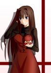  1girl aozaki_aoko blue_eyes breasts brown_hair casual cqqz0707 from_behind hair_between_eyes hands_on_hips large_breasts long_hair mahou_tsukai_no_yoru pantyhose red_eyes smile solo thighs valentine 