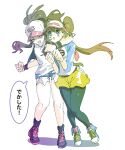  2girls arm_strap arm_under_breasts baseball_cap black_legwear black_vest blue_eyes blue_sleeves blush brown_hair commentary cutoffs denim denim_shorts double_bun dress grabbing grabbing_from_behind hair_between_eyes hat heart high_ponytail hilda_(pokemon) htokea japanese_text large_breasts long_hair looking_at_another mei_(pokemon) multiple_girls open_clothes open_mouth open_vest pantyhose pokemon pokemon_(game) pokemon_bw pokemon_bw2 raglan_sleeves rosa_(pokemon) shirt short_dress shorts simple_background symbol-only_commentary thigh_strap touko_(pokemon) twintails vest visor_cap white_shirt wristband yellow_shorts yuri 