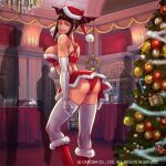  1girl artist_request ass bangs black_hair boots breasts capcom christmas christmas_tree drill_hair elbow_gloves evil_grin evil_smile fur_trim gloves grin han_juri hat large_breasts long_legs looking_at_viewer merry_christmas party santa_boots santa_costume santa_gloves santa_hat short_hair sideboob skirt smile solo street_fighter street_fighter_battle_combination street_fighter_iv_(series) street_fighter_v thigh-highs twin_drills white_legwear 