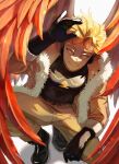  arm_on_knee blonde_hair bodysuit boku_no_hero_academia bupopopopopo costume elbow_gloves eyeliner facial_hair feathered_wings fur-trimmed_jacket fur_trim gloves hand_up hawks_(boku_no_hero_academia) highres jacket knees_apart_feet_together looking_at_viewer makeup red_feathers rimless_eyewear smile squatting wings yellow_eyes 