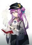  1girl alternate_costume crescent crescent_hat_ornament floral_background glasses hat hat_ornament highres hua_ben_wuming long_hair patchouli_knowledge purple_hair simple_background solo touhou upper_body violet_eyes white_background 