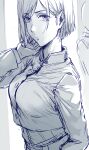  1girl absurdres bob_cut breasts closed_mouth commentary english_commentary hand_up hews highres jacket jujutsu_kaisen kugisaki_nobara large_breasts looking_at_viewer school_uniform sketch solo upper_body 