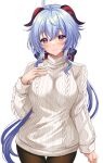  1girl ahoge bangs blue_hair blush breasts brown_legwear ganyu_(genshin_impact) genshin_impact harimoji highres horns large_breasts long_hair long_sleeves looking_at_viewer pantyhose ribbed_sweater smile solo sweater thighs turtleneck turtleneck_sweater violet_eyes white_sweater 