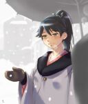  1girl black_eyes black_hair blush brown_gloves eyebrows_visible_through_hair gloves hair_between_eyes houshou_(kancolle) japanese_clothes kantai_collection kimono long_hair long_sleeves oil-paper_umbrella pink_kimono ponytail sameha_ikuya signature smile snow snowing solo_focus umbrella upper_body wide_sleeves 