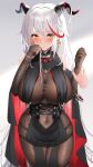  1girl absurdres aegir_(azur_lane) azur_lane bangs bare_shoulders black_gloves blush bodysuit breasts closed_mouth covered_navel cowboy_shot earrings elbow_gloves eyebrows_visible_through_hair futon_fly_away gloves grey_background hands_up highres holding_another&#039;s_wrist horns jewelry large_breasts long_hair looking_at_viewer multicolored_hair redhead silver_hair solo_focus streaked_hair thighs yellow_eyes 