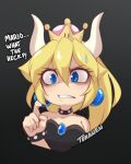  1girl artist_name bare_shoulders black_dress blonde_hair blue_eyes bowsette chibi choker collarbone dress earrings eyebrows_visible_through_hair horns jewelry long_hair looking_at_viewer new_super_mario_bros._u_deluxe off-shoulder_dress off_shoulder parted_lips pointy_ears ponytail shaded_face solo super_crown super_mario_bros. sweatdrop teeth teranen upper_body wrist_cuffs 