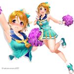  1girl absurdres arm_up armpits blush bow breasts brown_hair cheerleader full_body green_footwear green_skirt hair_bow highres koizumi_hanayo legs looking_at_viewer love_live! love_live!_school_idol_project medium_breasts nakano_maru open_mouth pom_pom_(cheerleading) shoes short_hair simple_background skirt sleeveless smile solo standing standing_on_one_leg thighs violet_eyes white_background 
