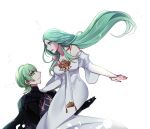  1boy 1girl byleth_(fire_emblem) byleth_eisner_(male) catching comforting dress falling feathers fire_emblem fire_emblem:_three_houses green_eyes green_hair long_hair rhea_(fire_emblem) s2cikn_(yuzu) smile tearing_up white_background white_dress 