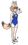  1girl acesrulez alternate_costume animal_ears bare_shoulders blue_swimsuit blush boots brown_legwear commentary_request dhole_(kemono_friends) dog_ears dog_girl dog_tail gloves kemono_friends name_tag one-piece_swimsuit salute school_swimsuit sleeveless solo swimsuit tail thigh-highs translation_request two-tone_legwear white_footwear white_gloves white_legwear zettai_ryouiki 