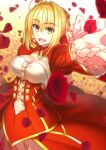  1girl aestus_estus ahoge blonde_hair braid breasts cleavage commentary_request dress epaulettes fate/extra fate_(series) french_braid green_eyes hair_intakes hair_ribbon juliet_sleeves large_breasts long_sleeves mizumi_teraaya nero_claudius_(fate) nero_claudius_(fate)_(all) open_mouth puffy_sleeves red_dress red_ribbon ribbon see-through solo wide_sleeves 