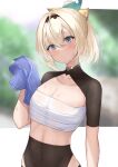  1girl bangs black_leotard blonde_hair blush chest_sarashi commentary_request covered_navel eyebrows_visible_through_hair hair_between_eyes hair_ribbon hand_up highres holding holding_towel hololive kazama_iroha leotard looking_at_viewer menmen_(ijnwfpaihpufxox) ponytail ribbon sarashi short_hair short_sleeves solo sweat towel upper_body virtual_youtuber 