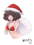  1girl akiyama_yukari artist_name bad_id bad_twitter_id bangs bell bikini blush breasts brown_eyes brown_hair commentary_request cropped_torso eyebrows_visible_through_hair girls_und_panzer hazuki_haru highres holding holding_sack holly looking_at_viewer medium_breasts merry_christmas messy_hair navel open_mouth over_shoulder partial_commentary red_bikini sack santa_bikini short_hair signature simple_background smile solo swimsuit translated upper_body white_background 