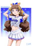  1girl amanogawa_kirara animal_ears animal_hands arms_up artist_name bangs baseball_jersey blunt_bangs brown_hair commentary cowboy_shot earrings fake_animal_ears gloves go!_princess_precure hands_in_hair highres jewelry long_hair looking_at_viewer low_twintails midriff miniskirt navel outline parted_lips paw_gloves pleated_skirt precure satou_yasu shirt short_sleeves signature single_horizontal_stripe skirt smile solo standing star_(symbol) star_earrings striped striped_shirt striped_skirt tied_shirt twintails vertical-striped_shirt vertical-striped_skirt vertical_stripes violet_eyes white_outline white_skirt yokohama_dena_baystars 