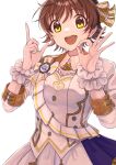  1girl :d brown_hair detached_collar eyebrows_visible_through_hair hand_gesture highres honda_mio idol idolmaster idolmaster_cinderella_girls looking_at_viewer mamenoha round_teeth scrunchie short_hair simple_background smile solo teeth upper_body white_background wrist_cuffs wrist_scrunchie 