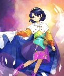  1girl bag bangs blue_cape blue_eyes blue_hair boots bow buttons cape cape_hold card clenched_hand closed_mouth dress eyebrows_behind_hair floating_card footwear_bow hair_behind_ear hairband highres kaigen_1025 long_sleeves looking_to_the_side multicolored_clothes multicolored_dress multicolored_hairband purple_footwear rainbow_gradient satchel short_hair solo sun swept_bangs tenkyuu_chimata touhou two-sided_cape two-sided_fabric white_bow white_cape zipper zipper_pull_tab 