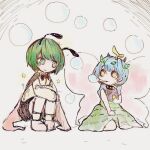  2girls antennae aqua_hair barefoot black_cape black_shorts bubble bubble_blowing butterfly_wings cape dress eternity_larva eyebrows_visible_through_hair fairy green_dress green_eyes green_hair hair_between_eyes leaf leaf_on_head long_sleeves mokumoku22 multicolored_clothes multicolored_dress multiple_girls shirt short_hair short_sleeves shorts single_strap smile touhou white_shirt wings wriggle_nightbug yellow_eyes 