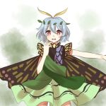  1girl antennae aqua_hair bad_id bad_pixiv_id brown_eyes butterfly_wings cowboy_shot dress eternity_larva eyebrows_visible_through_hair fairy green_dress hair_between_eyes leaf leaf_on_head mochigome_(28706532) multicolored_clothes multicolored_dress open_mouth short_hair single_strap solo third-party_source touhou wings 