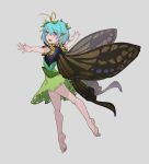  1girl antennae aqua_hair bad_id bad_pixiv_id barefoot blush butterfly_wings dress eternity_larva eyebrows_visible_through_hair fairy full_body green_dress grey_background hair_between_eyes highres leaf leaf_on_head multicolored_clothes multicolored_dress open_mouth shashiki short_hair short_sleeves simple_background single_strap smile solo third-party_source touhou violet_eyes wings 