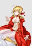  1girl aestus_estus ahoge blonde_hair braid breasts cleavage commentary_request dress epaulettes fate/extra fate_(series) french_braid green_eyes hair_intakes hair_ribbon juliet_sleeves large_breasts long_sleeves nero_claudius_(fate) nero_claudius_(fate)_(all) open_mouth puffy_sleeves red_dress red_ribbon ribbon saber_extra see-through setu solo wide_sleeves 