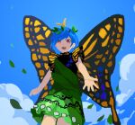  1girl antennae aqua_hair butterfly_wings cowboy_shot dress eternity_larva fairy green_dress highres kaigen_1025 leaf leaf_on_head multicolored_clothes multicolored_dress no_lineart open_mouth pink_eyes short_hair short_sleeves single_strap smile solo touhou wings 
