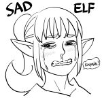  1girl bb_(baalbuddy) blush clenched_teeth commentary crying crying_with_eyes_open elf english_commentary english_text greyscale highres long_hair monochrome original pointy_ears ponytail portrait sad simple_background solo tears teeth white_background 