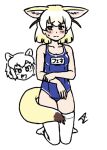  +_+ 2girls acesrulez alternate_costume animal_ears bare_arms bare_shoulders blonde_hair blue_swimsuit chibi chibi_inset collarbone common_raccoon_(kemono_friends) embarrassed fennec_(kemono_friends) fox_ears fox_girl fox_tail kemono_friends kneeling multicolored_hair multiple_girls name_tag no_shoes one-piece_swimsuit school_swimsuit short_hair swimsuit tail thigh-highs translation_request two-tone_hair white_hair white_legwear zettai_ryouiki 