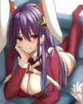  .me 1girl animal_ears ass blurry blush depth_of_field hair_between_eyes hand_on_own_cheek hand_on_own_face head_rest highres long_hair looking_at_viewer lying on_stomach purple_hair rabbit_ears red_eyes red_legwear reisen_udongein_inaba santa_dress smile solo thigh-highs touhou 