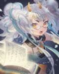  1girl bangs book breasts curly_hair glasses green_hair grey_hair holding horns long_hair looking_at_viewer magical_girl multicolored_hair necktie noir_eku open_book open_mouth original personification ribbon sheep_girl sheep_horns solo twintails upper_body yellow_eyes 