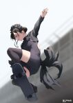  1girl black_hairband black_legwear black_nails blurry blurry_background brown_eyes brown_hair closed_mouth fingernails frilled_hairband frills full_body hairband jonsun nail_polish original short_hair skateboard skateboarding solo thigh-highs thighs twitter_username 