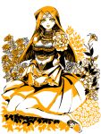  1girl breasts flower ishizu_ishtar leaf long_hair long_sleeves looking_at_viewer medium_breasts monochrome open_mouth orange_theme plant saccharin shoe_flower shoes smile solo yu-gi-oh! yu-gi-oh!_duel_monsters 