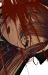  1girl archived_source bangs blood blood_splatter brown_hair grey_eyes hair_between_eyes kamato_il long_hair looking_at_viewer one_eye_covered original sideways signature simple_background solo white_background 