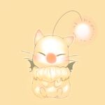 animal_focus bat_wings black_wings blush closed_eyes commentary_request ear_blush facing_viewer final_fantasy full_body fur_collar light_blush lowres mini_wings moogle no_humans oyama_yoihaya simple_background sitting solo straight-on wings yellow_background 