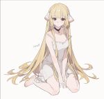  1girl aiko_(kanl) android barefoot between_legs blonde_hair breasts brown_eyes chii chobits choker dated dress hair_tubes hand_between_legs highres long_hair robot_ears simple_background sitting small_breasts solo strap_slip sundress v_arms very_long_hair wariza white_background 